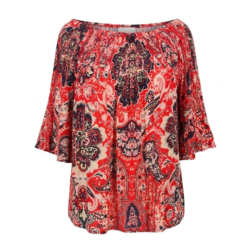 Braeve‎ Women's SMALL Red Paisley Smocked Boat Neck 3/4 Bell Sleeve Blouse